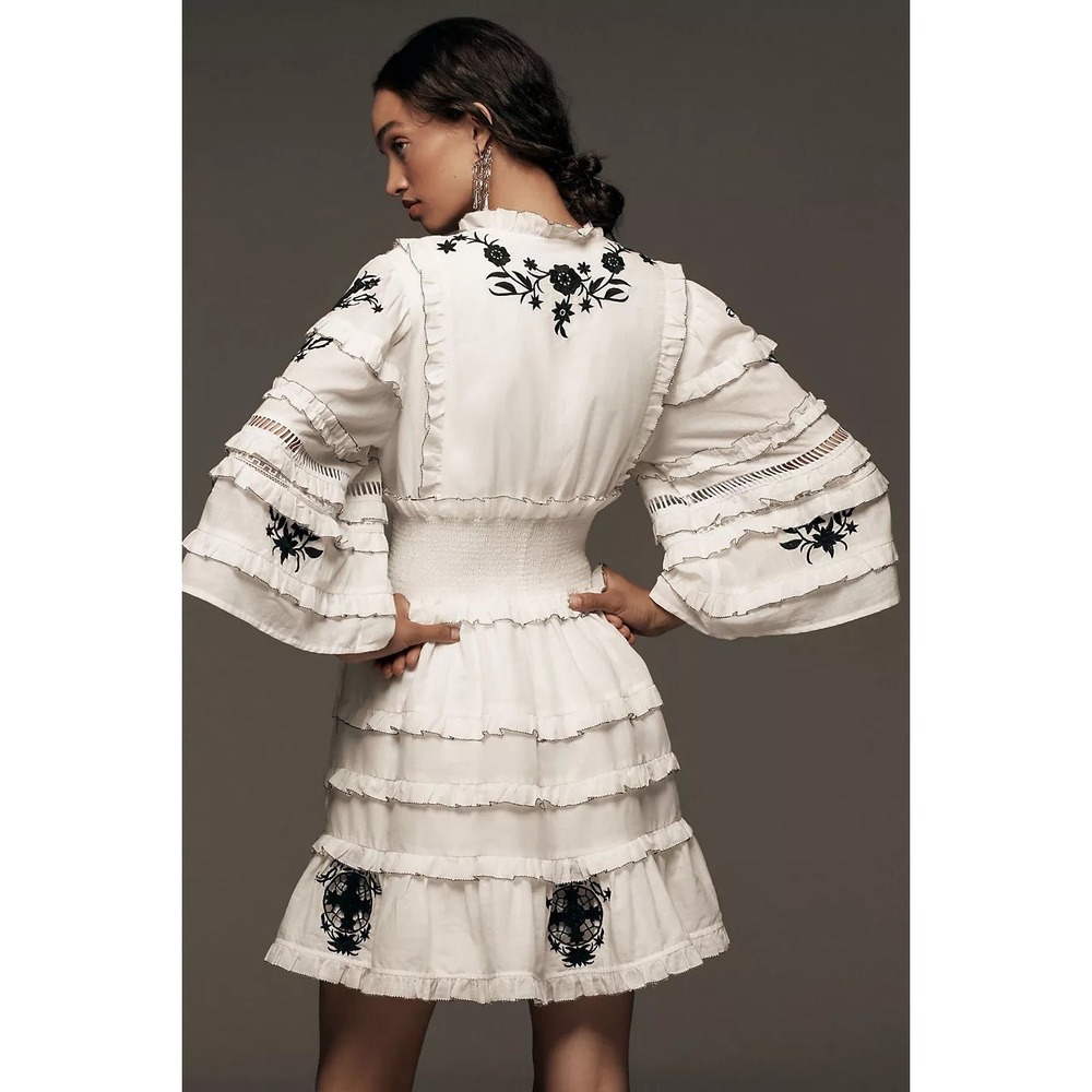 Anthropologie Embroidered V-Neck Ruffled Mini Dress White Black Floral XXS - Picture 3 of 10